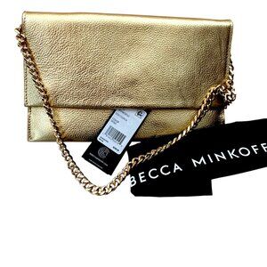 Rebecca Minkoff Gold Lou Flap Pebbled Leather Clutch